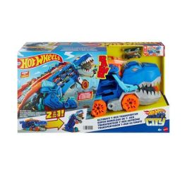 Camión hot wheels city t-rex definitivo. dinosaurio transporte y pista para coches de juguete. incluye 2 vehiculos.