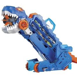 Camión hot wheels city t-rex definitivo. dinosaurio transporte y pista para coches de juguete. incluye 2 vehiculos.