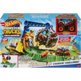 Pista hot wheels monster trucks arena smashers reto de rhinomite. incluye 1 vehiculo y 2 coches aplastados