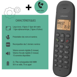 Logicom LOG3483071500087 Teléfono Fijo Inalámbrico DECT ILOA 150 SOLO Negro Sin Contestador Automático