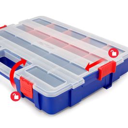 Workpro Organizador Apilable con Tapa, 18 Divisiones, PP Transparente, 382x300x68mm, Azul y Rojo