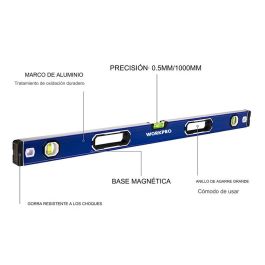 Workpro Nivel de Burbuja Magnético 60 cm para Construcción con 3 Viales, Precisión 0.5mm/1m, Aleación de Aluminio Azul