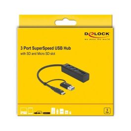 DeLOCK Concentrador USB 3.2 Gen 1 Hub 3 Puertos + Lector de Tarjetas SD y MicroSD con Conector USB Tipo-C o Tipo-A, compatible con Windows, Mac, ChromeOS