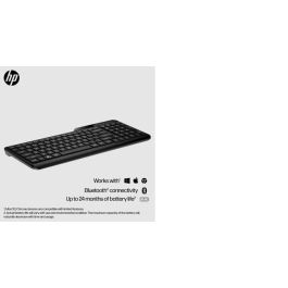HP Compact Bluetooth keyboard supporting up to three devices, full-size layout, spill-resistant design, long battery life.