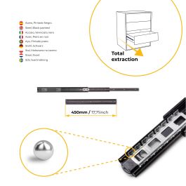 Emuca Lote de 5 juegos de guías para cajones, de bolas, altura 45mm, profundidad 450mm, extracción total, Negro
