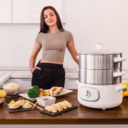 Cecotec Vaporera eléctrica SteelPot 1300W, 3 recipientes inox, apagado automático, blanca