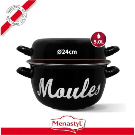 Menastyl Olla para Mejillones 3645564 Acero Esmaltado Negro 24 cm con Inscripción para Todo Tipo de Fuegos Incluida Inducción