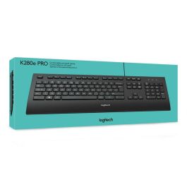 Logitech K280e Teclado USB, Resistente a salpicaduras, Reposamuñecas, Teclas silenciosas, Tamaño completo, Distribución US, Negro