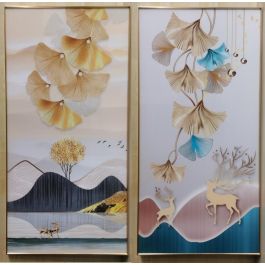DKD Home Decor Cuadro Glam Decoración Pared, Diseño Hojas Montaña, Dorado Gris, 160x80 cm, Materiales Aluminio y MDF, Juego de 2 Unidades