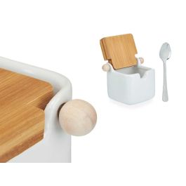 Vessia Azucarero Cerámica Blanco Tapa Bambú Acero Inoxidable 10 cm x 7.5 cm x 8 cm (Set de 6)