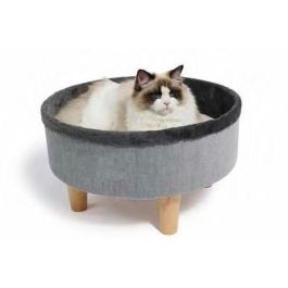 Cama redonda elevada - M PETS - ROUND - Gris - 47 x 47 x 26 cm - Pata de madera - Cojín mullido