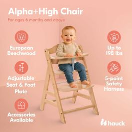 HAUCK Trona Bebé Evolutionary Alpha + Madera - Asiento y reposapiés ajustables - Arnés 5 puntos - Desde 6 meses hasta 90 kg
