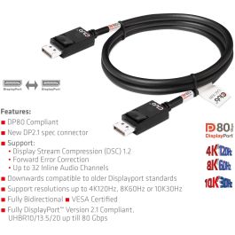 Club3D Cable DisplayPort 2.1 VESA DP80 Certificado, 1.2m, Macho/Macho, 4K240Hz, 8K60Hz, 10K30Hz, Negro