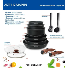 Arthur Martin AM1502 Juego de Utensilios de Cocina de 15 Piezas con Mango Extraíble Efecto Madera, Apto para Inducción