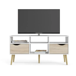 TVILUM 7539149AK Mueble TV Blanco/Roble con 4 Nichos y 2 Cajones - 117,2 x 39,1 x 57,4 cm