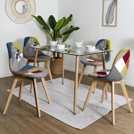 Home Deco Factory Silla Patchwork Diseño Escandinavo Patas Madera Asiento Tela 87x54x47 cm