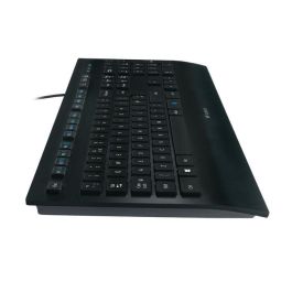Logitech K280e Teclado USB, Resistente a salpicaduras, Reposamuñecas, Teclas silenciosas, Tamaño completo, Distribución US, Negro