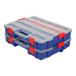 Workpro Organizador Apilable con Tapa, 18 Divisiones, PP Transparente, 382x300x68mm, Azul y Rojo