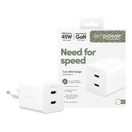 PanzerGlass empower GaN Turbo Charge Cargador Rápido 45W con 2 Puertos USB-C, Enchufe UE, Color Blanco Plata