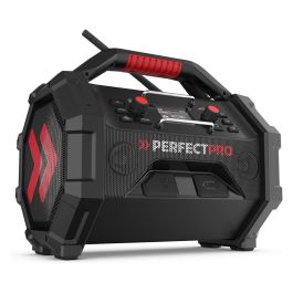 PerfectPro ROCKTAGON Radio de obra digital 30W DAB+ FM Bluetooth 5.2 IP65, 4 altavoces, compatible baterías 18V Bosch Makita DeWalt Milwaukee, USB, Negro/Rojo