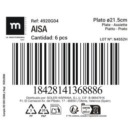 La Mediterranea Plato Pasta o Postre 'Aisa', Diametro 21.5 cm, Material Ceramica, Profundidad 1.5 cm, Peso 12.10 kg por Caja (24 Unidades)