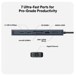 HYPER HD4003GL Hub USB-C 3.2 Gen 1 Multipuerto con Ethernet Gigabit, Lector SD/MicroSD, Video 4K@60Hz y 10 Gbps, Azul/Gris