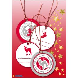 HERMA 15277 Etiquetas regalo Navidad 3D Ø 5 cm Rojas y plateadas, de papel (4 unidades)