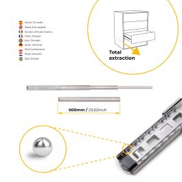Emuca Juego de guías de bolas para cajones con extracción total, altura 45mm, longitud 600mm, Acero, Cincado