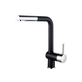 ROUSSEAU Grifo de cocina mezclador Matsouko con ducha de mano, caño extraíble, cromo gris y negro, ahorro de agua y cartucho cerámico