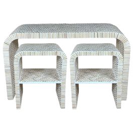 DKD Home Decor Consola Tropical de Bambú y Resina Marrón/Blanco 120x30x70 cm - Set de 3 Piezas