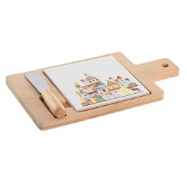 DKD Home Decor Tabla de Aperitivo Set de 3 Bambú y Gres Estilo Mediterráneo Multicolor Natural 21.5x11.8x1.5 cm Apto Lavavajillas