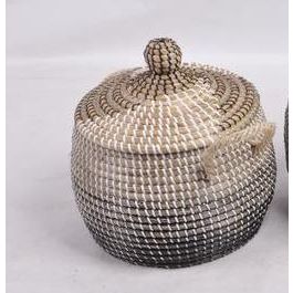 DKD Home Decor Cesta Balines Natural Negro Seagrass Set de 2 Unidades 41 x 30 x 41 cm