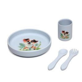 KioKids Vajilla de Silicona con Ventosa para Bebé Lovely Friends, Plato, Vaso y Cubiertos, Kit BLW, Azul, +6 Meses, 100% Grado Alimenticio, Lavavajillas, Microondas