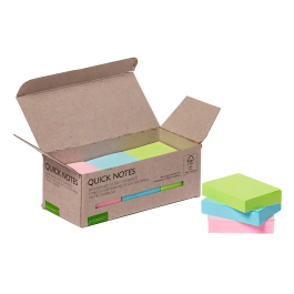 Q-connect Bloc de notas adhesivas quita y pon 38x51 mm 100% papel reciclado colores pasteles en caja de carton Ecológico