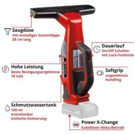 Einhell Limpiacristales a Batería BRILLIANTO, Inalámbrico 18V, Negro/Rojo - Para Ventanas y Superficies Lisas