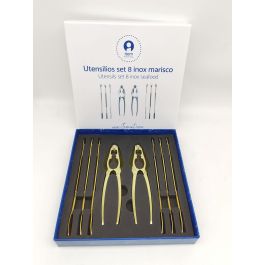 DKD Home Decor Set de 8 Utensilios de Marisco de Acero Inoxidable Dorado, 15 cm de largo, Apto para Lavavajillas