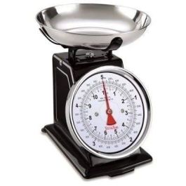 Terraillon 14477 Báscula mecánica Retro Deco para cocina, 5 kg con bol de acero inoxidable 1L, dial grande y estructura metálica negra.