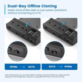 Ewent Ew7065 - Duplicador Clonador Discos Duros Dual Bay: SATA 2.5/3.5" a NVMe M.2 SSD Bidireccional, sin software