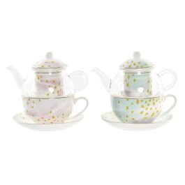 DKD Home Decor Tetera Glam de Cristal y Porcelana 250ml Rosa Verde Menta (2 Unidades Surtidas) Apta Microondas y Lavavajillas
