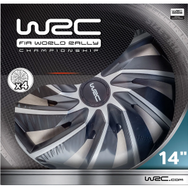 WRC Juego 4 Tapacubos Bi-Color 14 Pulgadas Negro Mate Gris Plateado ABS Diseño Deportivo Turbo