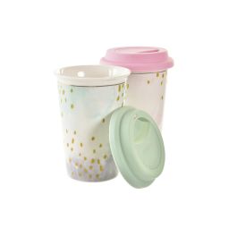 DKD Home Decor Mug Glam de Porcelana y Silicona 400 ml, Apta para Lavavajillas y Microondas, Rosa Verde Menta (6 Unidades)