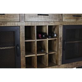 DKD Home Decor Buffet Vintage Marrón Oscuro Negro de Mango y Metal con Botellero, Ruedas, 3 Cajones y 2 Puertas 150x43x90 cm