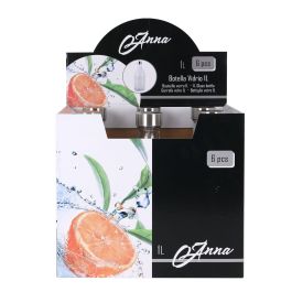 Anna Botella de Vidrio 1L con Tapa de Metal Redonda - 9,4 x 9,3 x 25,3 cm (6 Unidades)