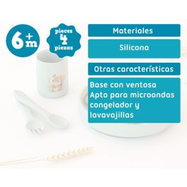 KioKids Set Vajilla de Silicona con Ventosa para Bebé +6 Meses, Plato, Vaso y Cubiertos Flexibles, Diseño Ardilla Verde, Ideal para Baby-Led Weaning (BLW) y Alimentación Autónoma
