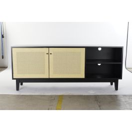 DKD Home Decor Mueble TV Balines Abeto Ratán Negro Natural con 2 Puertas y 3 Estanterías 160x38x65 cm