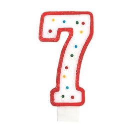 Party Time Vela Cumpleaños Numeral Número 7 de 14 cm Decorada con Círculos y Ribete Colores Surtidos con Pincho para Tarta