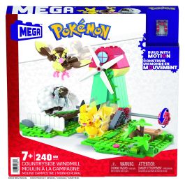 Mattel Mega Construx Figura de Acción de Pikachu, Pidgey y Wooloo con Molino de Viento Movible y 240 Piezas para Niños Mayores de 7 Años
