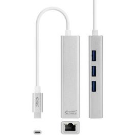 Nanocable 10.03.0404 Conversor Hub USB-C a Ethernet Gigabit RJ45 con 3 Puertos USB 3.0, Plug & Play para PC/Mac/Linux, Plata