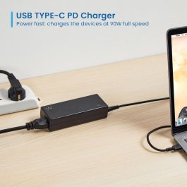 Ewent EW3982 Cargador USB-C Power Delivery 90W para Portátil hasta 15.6", Smartphone y Tablet - Cable 3.2m Negro