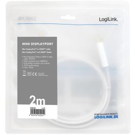 LogiLink CV0123 Cable Mini DisplayPort 1.2 a HDMI 1.4 4K, 2m, Blanco, Macho a Macho, Conectores chapados en Oro
